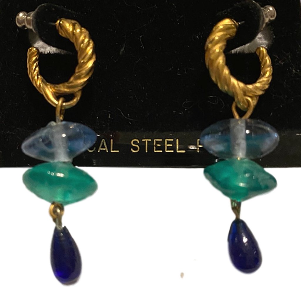 Casual Corner Blue, Green, Gold Drop Earrings New